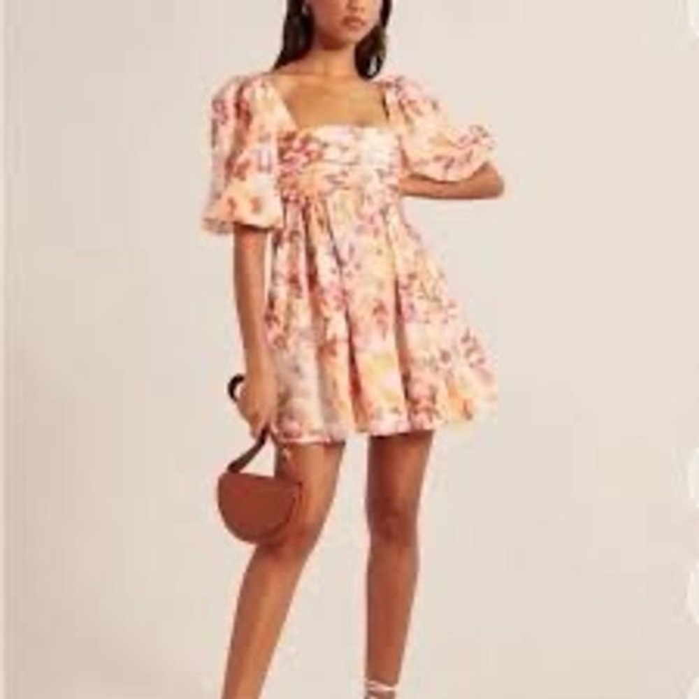 Abercrombie & Fitch Floral Puff Sleeve Pleated Mini Dress Orange Pink size XS - Picture 9 of 14